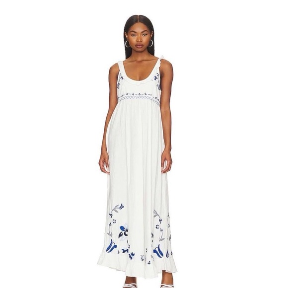 Free People White Maxi Magda Dress with Blue Floral Embroidery /Large/ Excellent - Picture 3 of 13